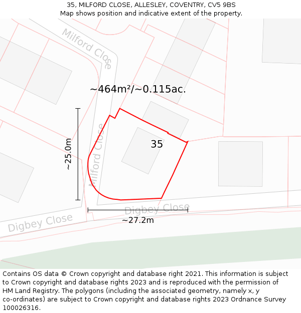 35, MILFORD CLOSE, ALLESLEY, COVENTRY, CV5 9BS: Plot and title map
