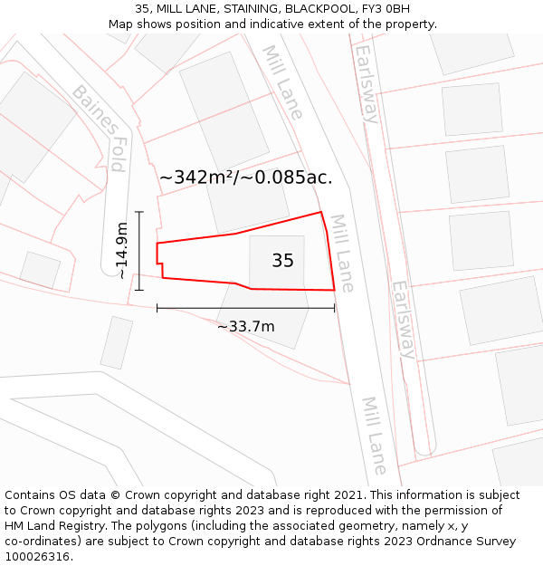 35, MILL LANE, STAINING, BLACKPOOL, FY3 0BH: Plot and title map