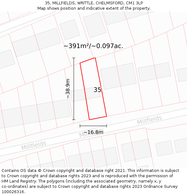35, MILLFIELDS, WRITTLE, CHELMSFORD, CM1 3LP: Plot and title map