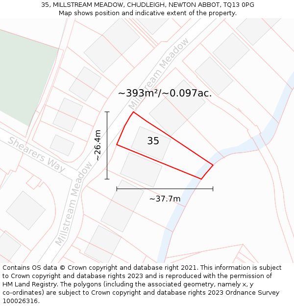 35, MILLSTREAM MEADOW, CHUDLEIGH, NEWTON ABBOT, TQ13 0PG: Plot and title map