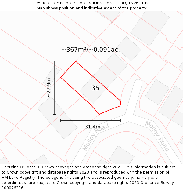 35, MOLLOY ROAD, SHADOXHURST, ASHFORD, TN26 1HR: Plot and title map