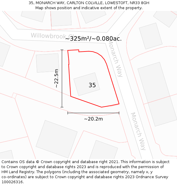 35, MONARCH WAY, CARLTON COLVILLE, LOWESTOFT, NR33 8GH: Plot and title map