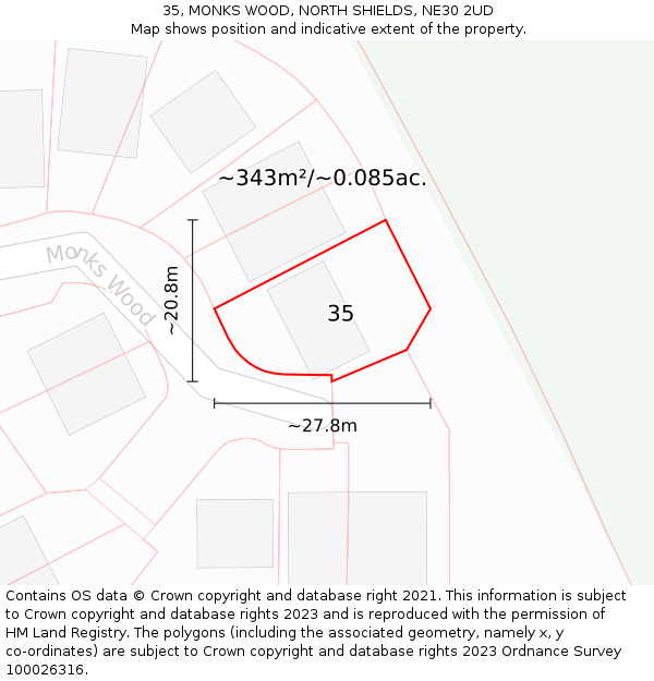 35, MONKS WOOD, NORTH SHIELDS, NE30 2UD: Plot and title map