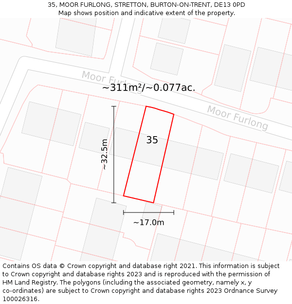 35, MOOR FURLONG, STRETTON, BURTON-ON-TRENT, DE13 0PD: Plot and title map