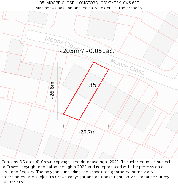 35, MOORE CLOSE, LONGFORD, COVENTRY, CV6 6PT: Plot and title map