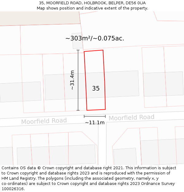 35, MOORFIELD ROAD, HOLBROOK, BELPER, DE56 0UA: Plot and title map