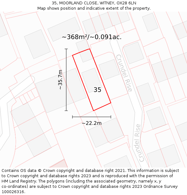 35, MOORLAND CLOSE, WITNEY, OX28 6LN: Plot and title map