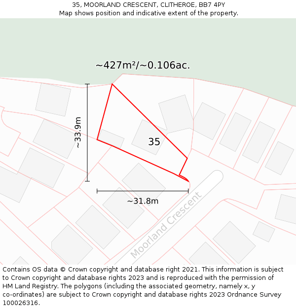 35, MOORLAND CRESCENT, CLITHEROE, BB7 4PY: Plot and title map