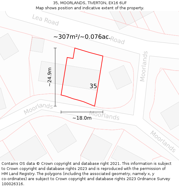 35, MOORLANDS, TIVERTON, EX16 6UF: Plot and title map
