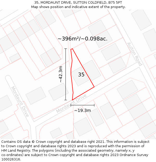 35, MORDAUNT DRIVE, SUTTON COLDFIELD, B75 5PT: Plot and title map