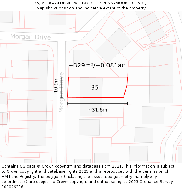 35, MORGAN DRIVE, WHITWORTH, SPENNYMOOR, DL16 7QF: Plot and title map