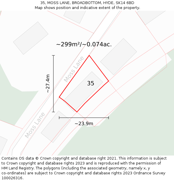 35, MOSS LANE, BROADBOTTOM, HYDE, SK14 6BD: Plot and title map