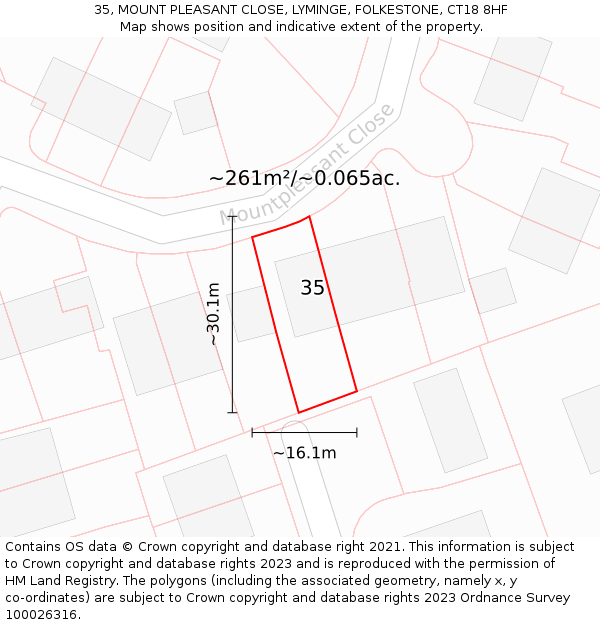 35, MOUNT PLEASANT CLOSE, LYMINGE, FOLKESTONE, CT18 8HF: Plot and title map