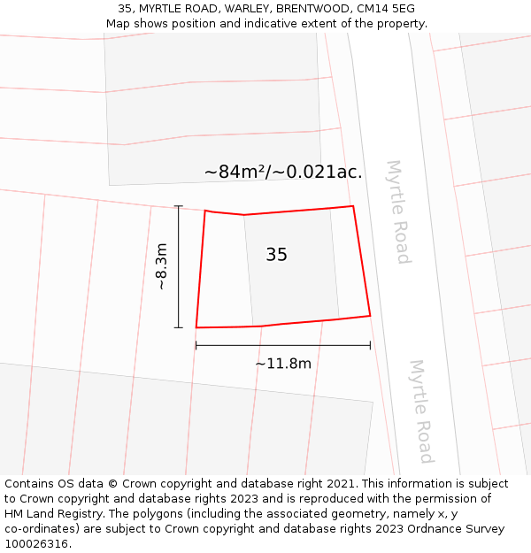 35, MYRTLE ROAD, WARLEY, BRENTWOOD, CM14 5EG: Plot and title map