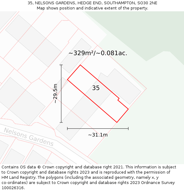 35, NELSONS GARDENS, HEDGE END, SOUTHAMPTON, SO30 2NE: Plot and title map