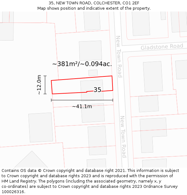 35, NEW TOWN ROAD, COLCHESTER, CO1 2EF: Plot and title map
