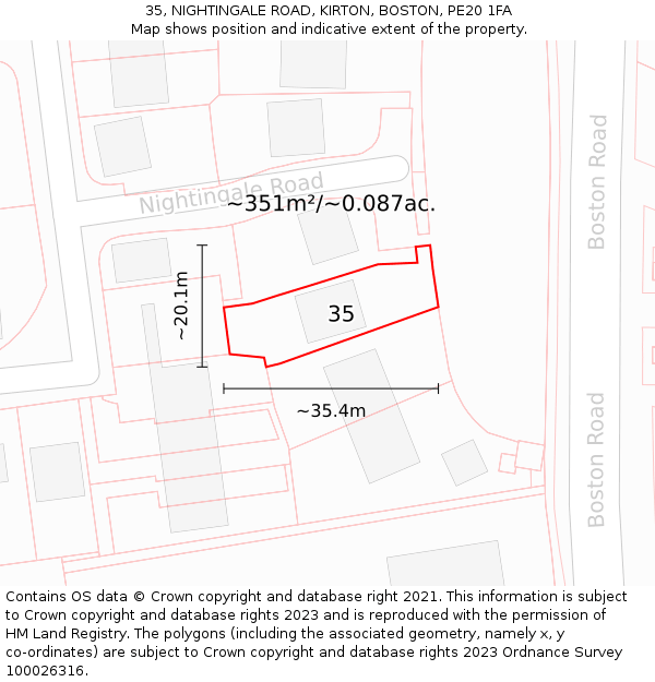 35, NIGHTINGALE ROAD, KIRTON, BOSTON, PE20 1FA: Plot and title map