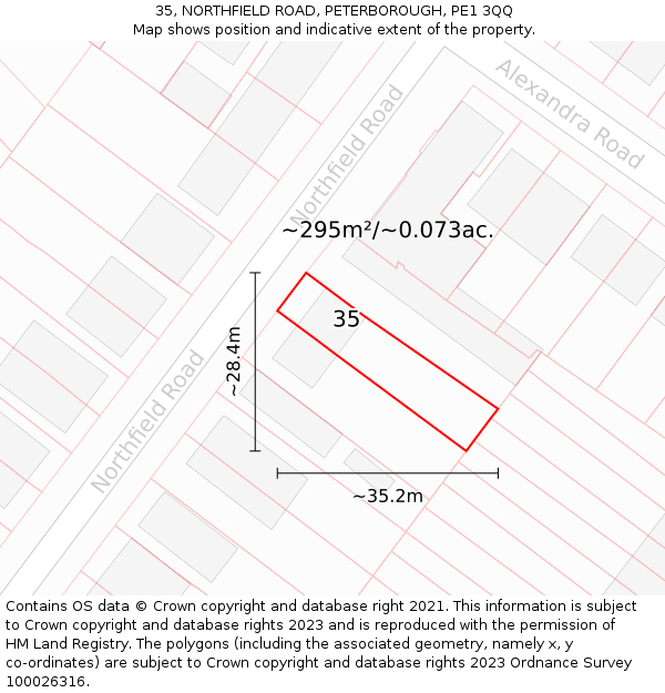 35, NORTHFIELD ROAD, PETERBOROUGH, PE1 3QQ: Plot and title map