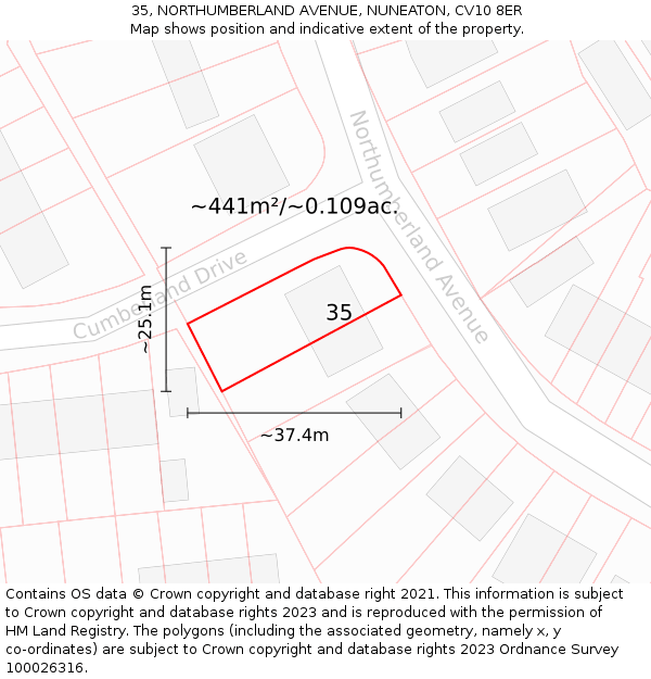 35, NORTHUMBERLAND AVENUE, NUNEATON, CV10 8ER: Plot and title map