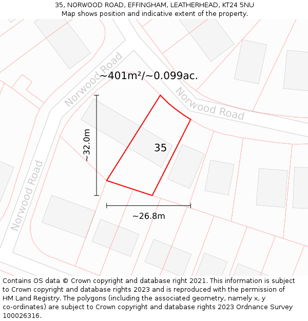 35, NORWOOD ROAD, EFFINGHAM, LEATHERHEAD, KT24 5NU: Plot and title map