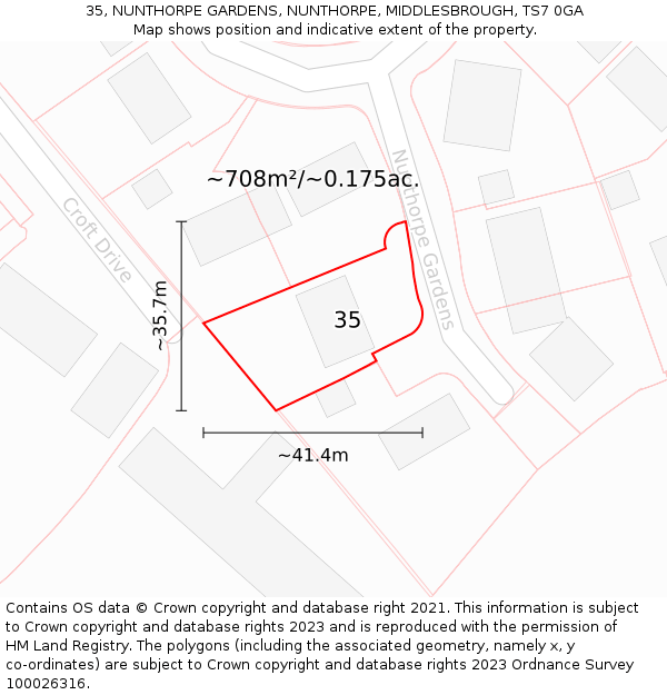 35, NUNTHORPE GARDENS, NUNTHORPE, MIDDLESBROUGH, TS7 0GA: Plot and title map