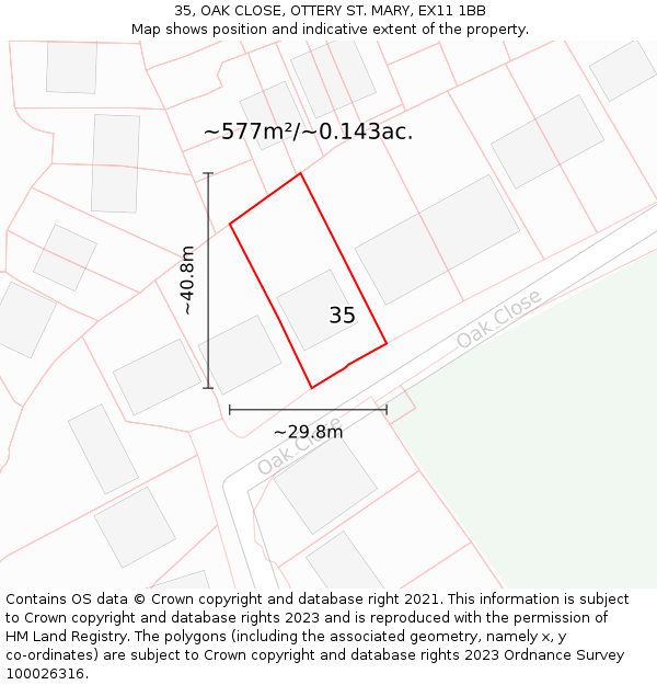 35, OAK CLOSE, OTTERY ST. MARY, EX11 1BB: Plot and title map