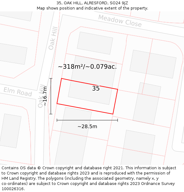 35, OAK HILL, ALRESFORD, SO24 9JZ: Plot and title map
