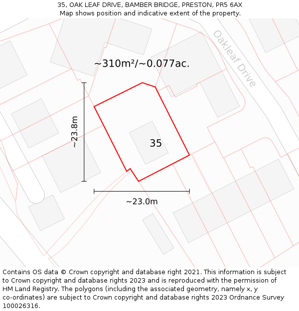 35, OAK LEAF DRIVE, BAMBER BRIDGE, PRESTON, PR5 6AX: Plot and title map