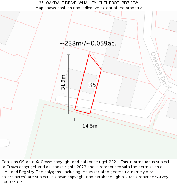 35, OAKDALE DRIVE, WHALLEY, CLITHEROE, BB7 9FW: Plot and title map