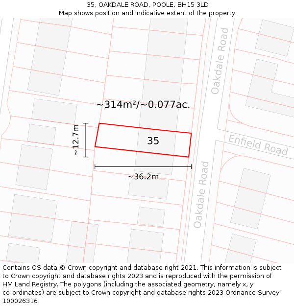 35, OAKDALE ROAD, POOLE, BH15 3LD: Plot and title map