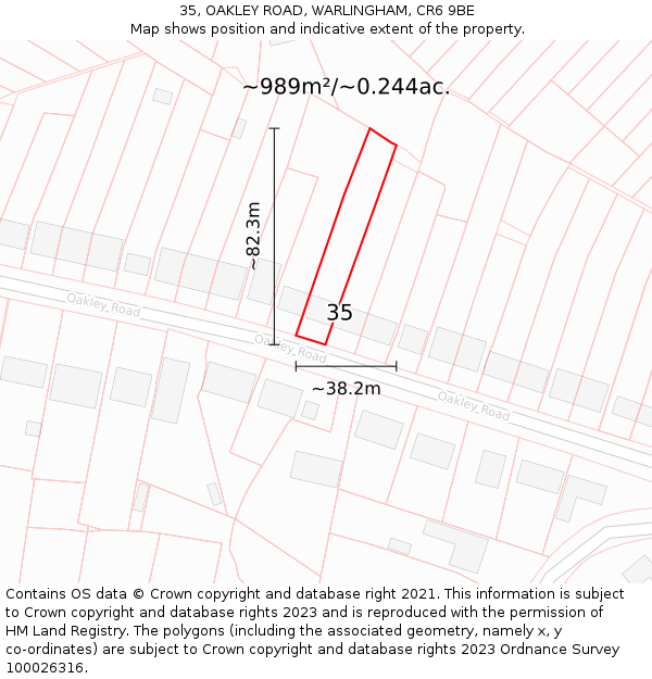 35, OAKLEY ROAD, WARLINGHAM, CR6 9BE: Plot and title map