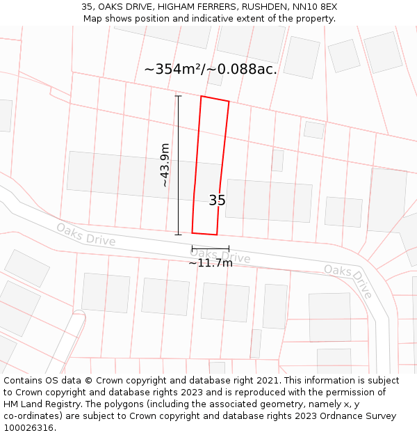 35, OAKS DRIVE, HIGHAM FERRERS, RUSHDEN, NN10 8EX: Plot and title map