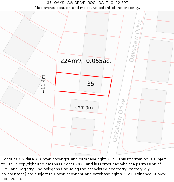 35, OAKSHAW DRIVE, ROCHDALE, OL12 7PF: Plot and title map