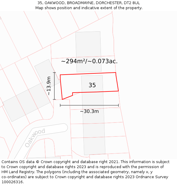 35, OAKWOOD, BROADMAYNE, DORCHESTER, DT2 8UL: Plot and title map
