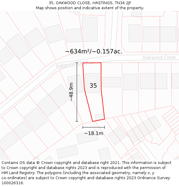 35, OAKWOOD CLOSE, HASTINGS, TN34 2JF: Plot and title map
