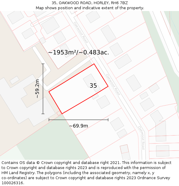 35, OAKWOOD ROAD, HORLEY, RH6 7BZ: Plot and title map