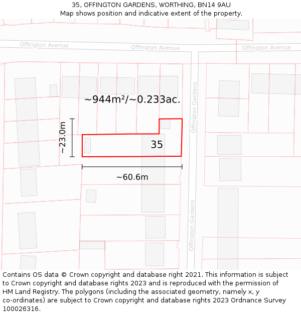 35, OFFINGTON GARDENS, WORTHING, BN14 9AU: Plot and title map