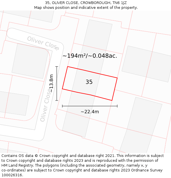 35, OLIVER CLOSE, CROWBOROUGH, TN6 1JZ: Plot and title map