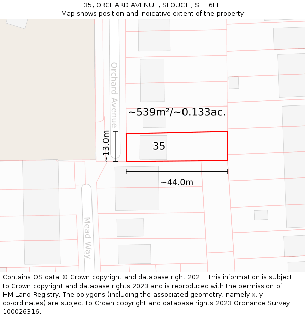 35, ORCHARD AVENUE, SLOUGH, SL1 6HE: Plot and title map