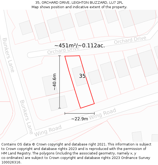35, ORCHARD DRIVE, LEIGHTON BUZZARD, LU7 2PL: Plot and title map