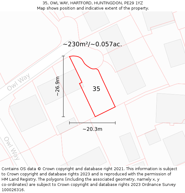 35, OWL WAY, HARTFORD, HUNTINGDON, PE29 1YZ: Plot and title map