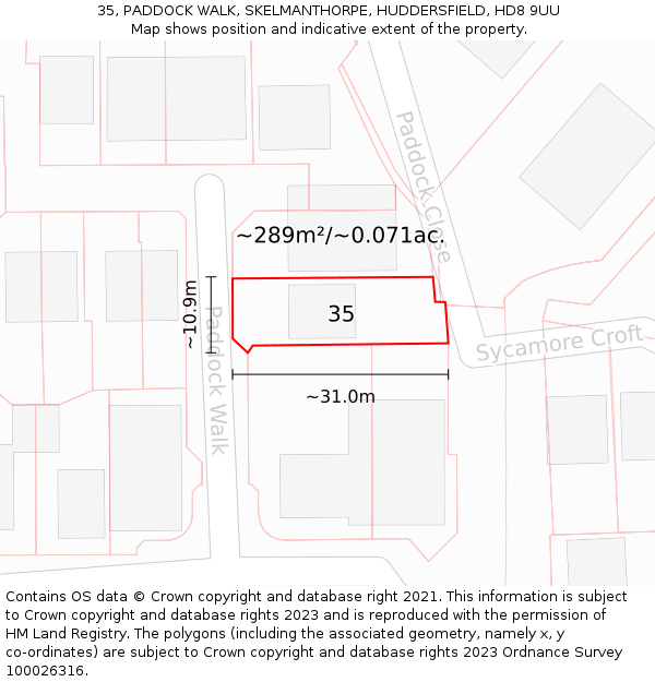 35, PADDOCK WALK, SKELMANTHORPE, HUDDERSFIELD, HD8 9UU: Plot and title map