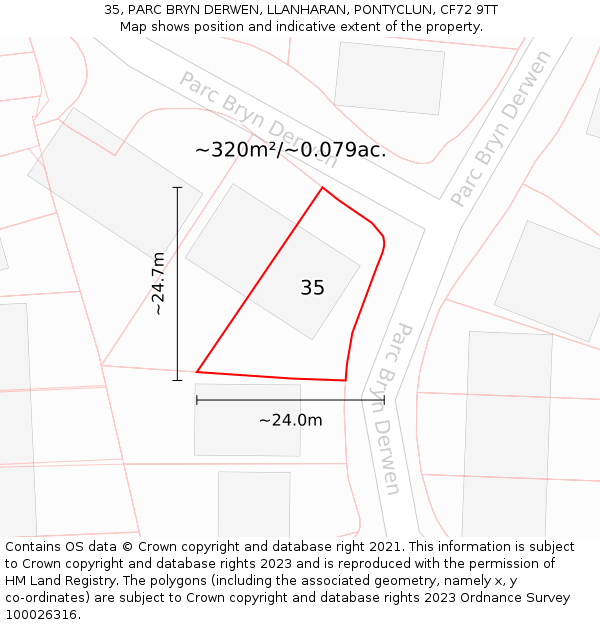 35, PARC BRYN DERWEN, LLANHARAN, PONTYCLUN, CF72 9TT: Plot and title map
