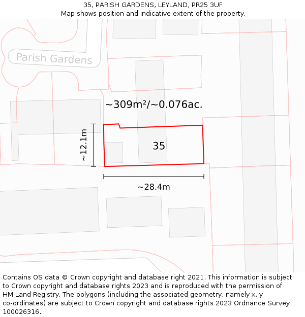 35, PARISH GARDENS, LEYLAND, PR25 3UF: Plot and title map