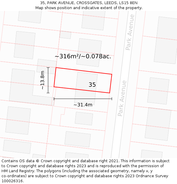 35, PARK AVENUE, CROSSGATES, LEEDS, LS15 8EN: Plot and title map