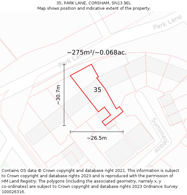 35, PARK LANE, CORSHAM, SN13 9EL: Plot and title map