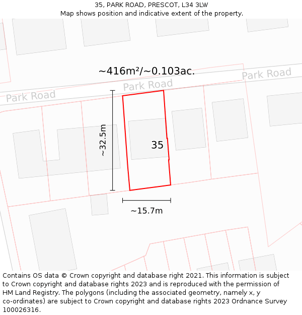 35, PARK ROAD, PRESCOT, L34 3LW: Plot and title map
