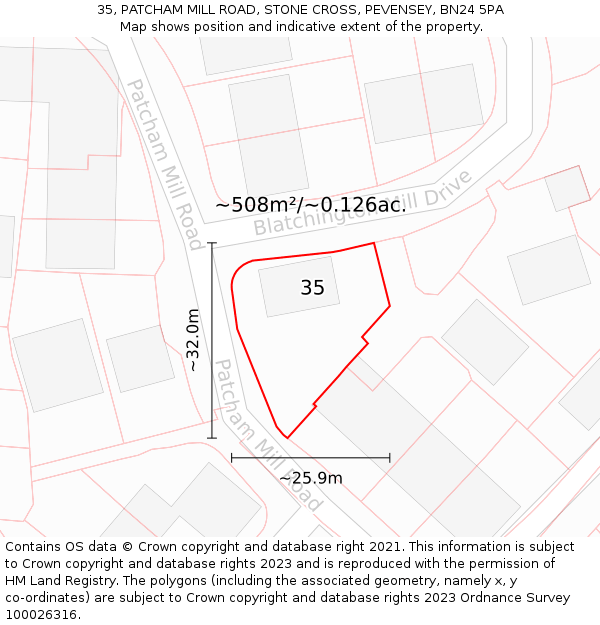35, PATCHAM MILL ROAD, STONE CROSS, PEVENSEY, BN24 5PA: Plot and title map
