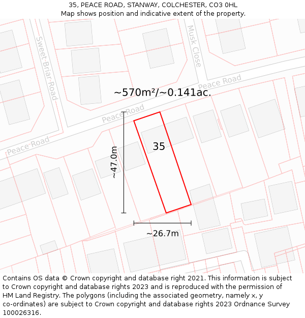 35, PEACE ROAD, STANWAY, COLCHESTER, CO3 0HL: Plot and title map