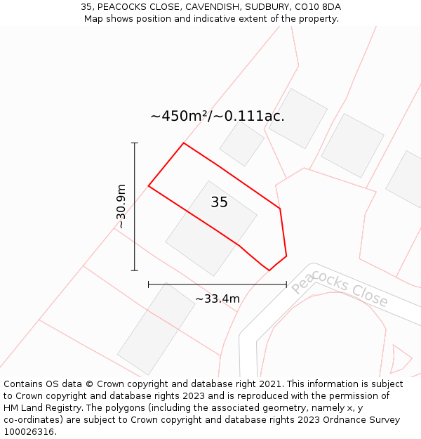 35, PEACOCKS CLOSE, CAVENDISH, SUDBURY, CO10 8DA: Plot and title map